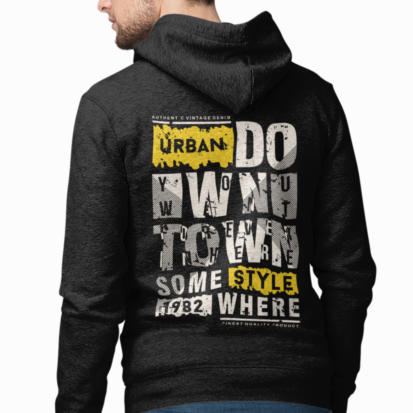 black hoodie with text on the back,