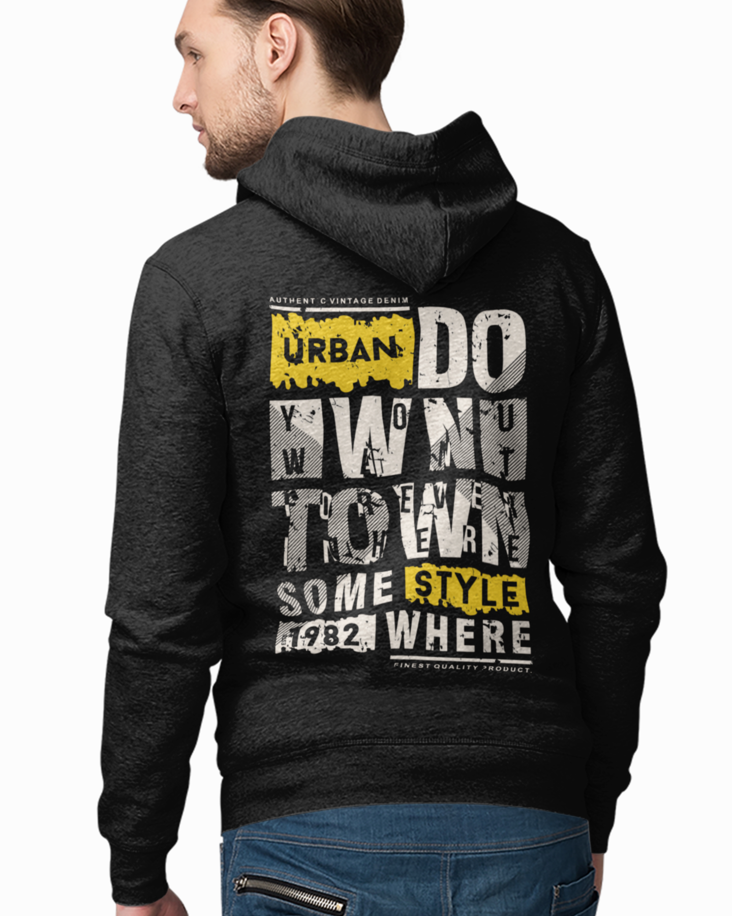 black hoodie with text on the back,