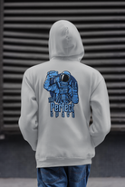 grey hoodie with an astronaut graphic and text on the back