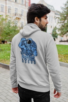gray hoodie with an astronaut graphic on the back