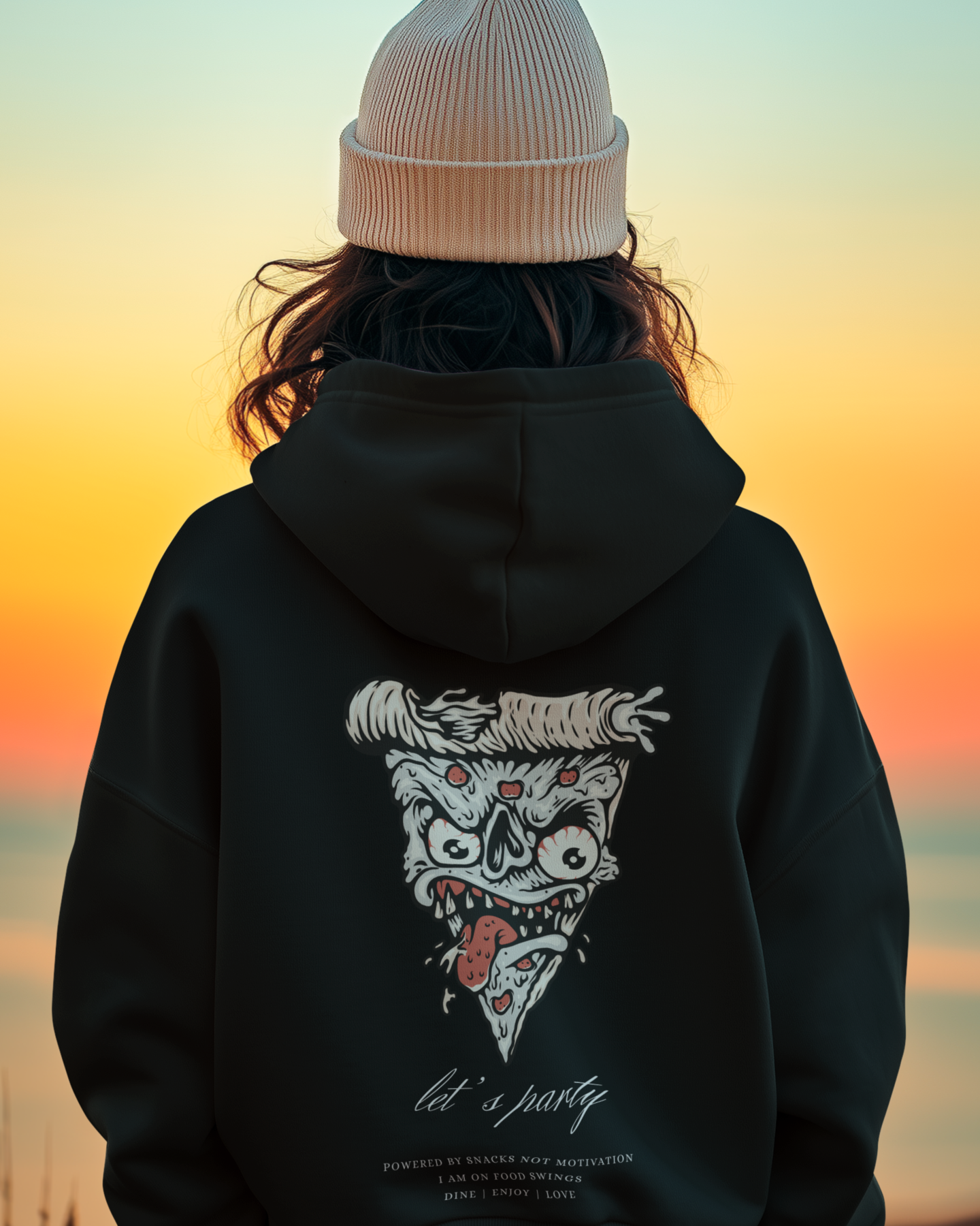 black hoodie with a pizza design and 'let's party' text