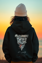 black hoodie with a pizza design and 'let's party' text