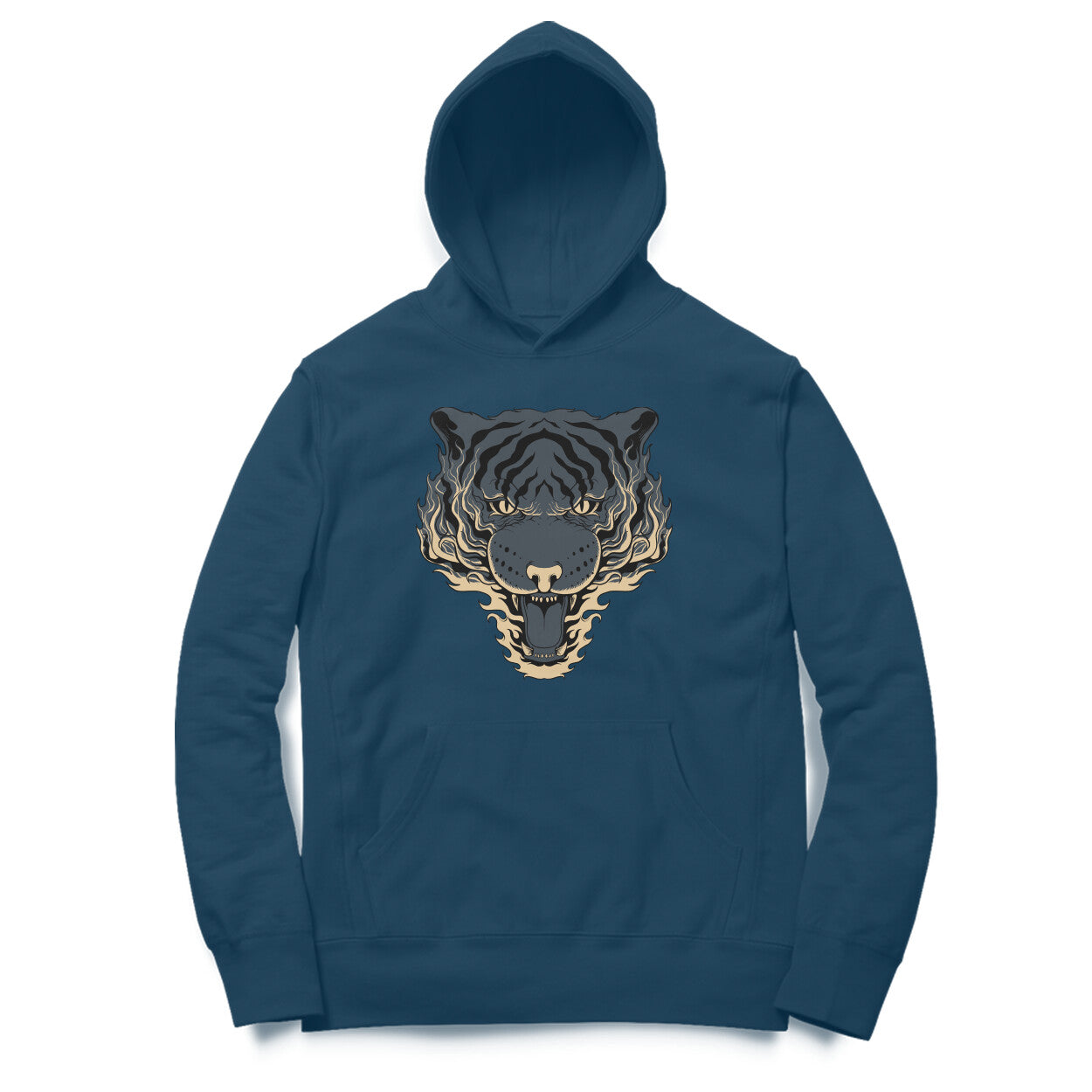 navy blue hoodie with a tiger print on the front