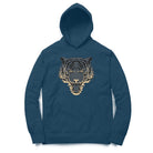 navy blue hoodie with a tiger print on the front