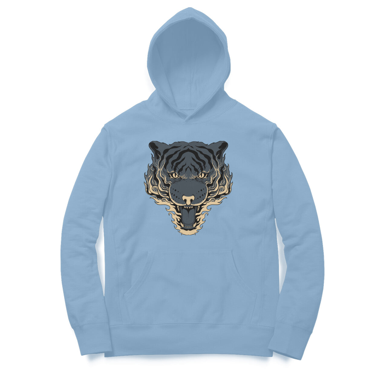 A man wearing a white hoodie with a tiger print on the front, standing on a rooftop.