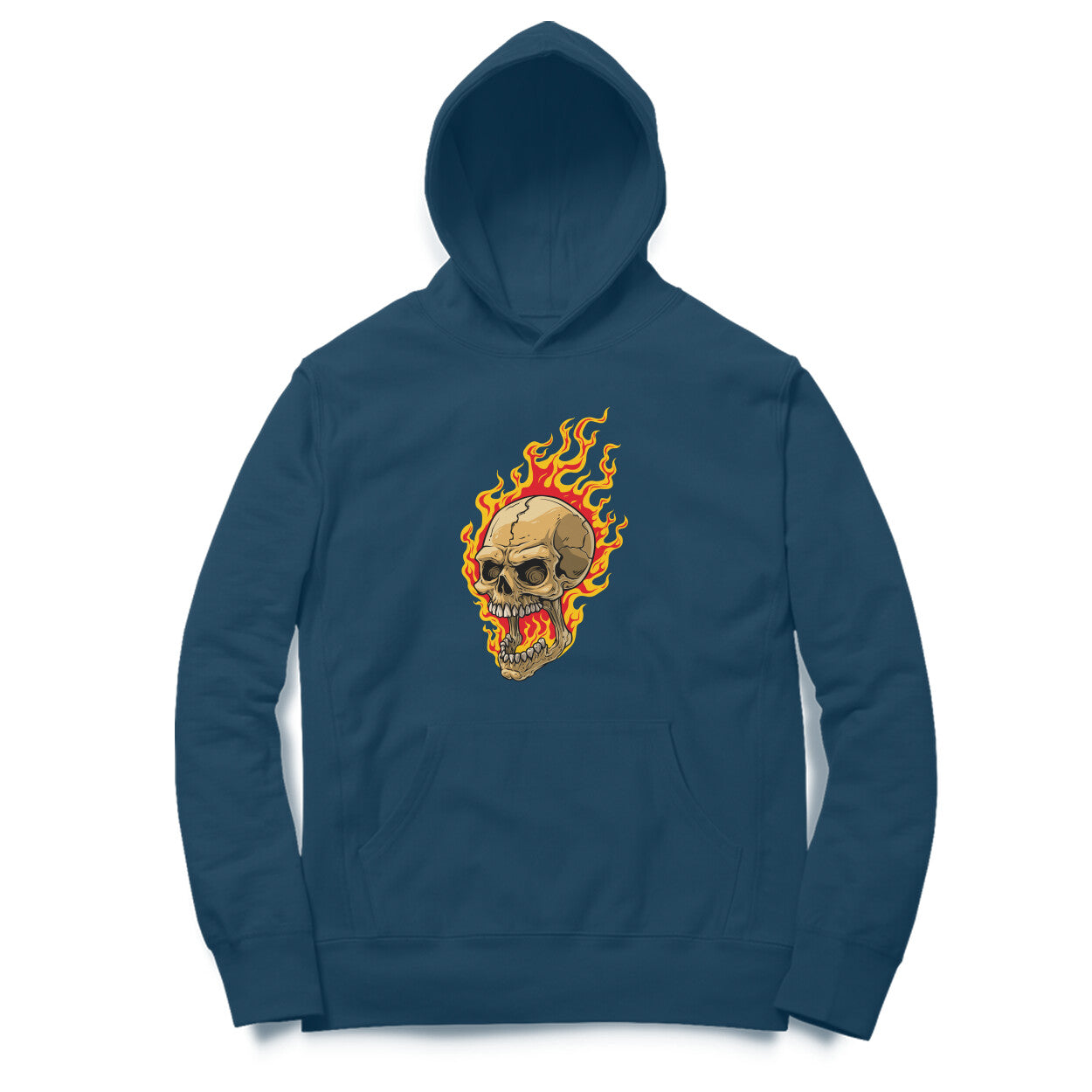 Men’s classic fit hoodie featuring flame skull illustration