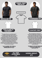 T-shirt size guide with regular and oversized fit descriptions and illustrations.