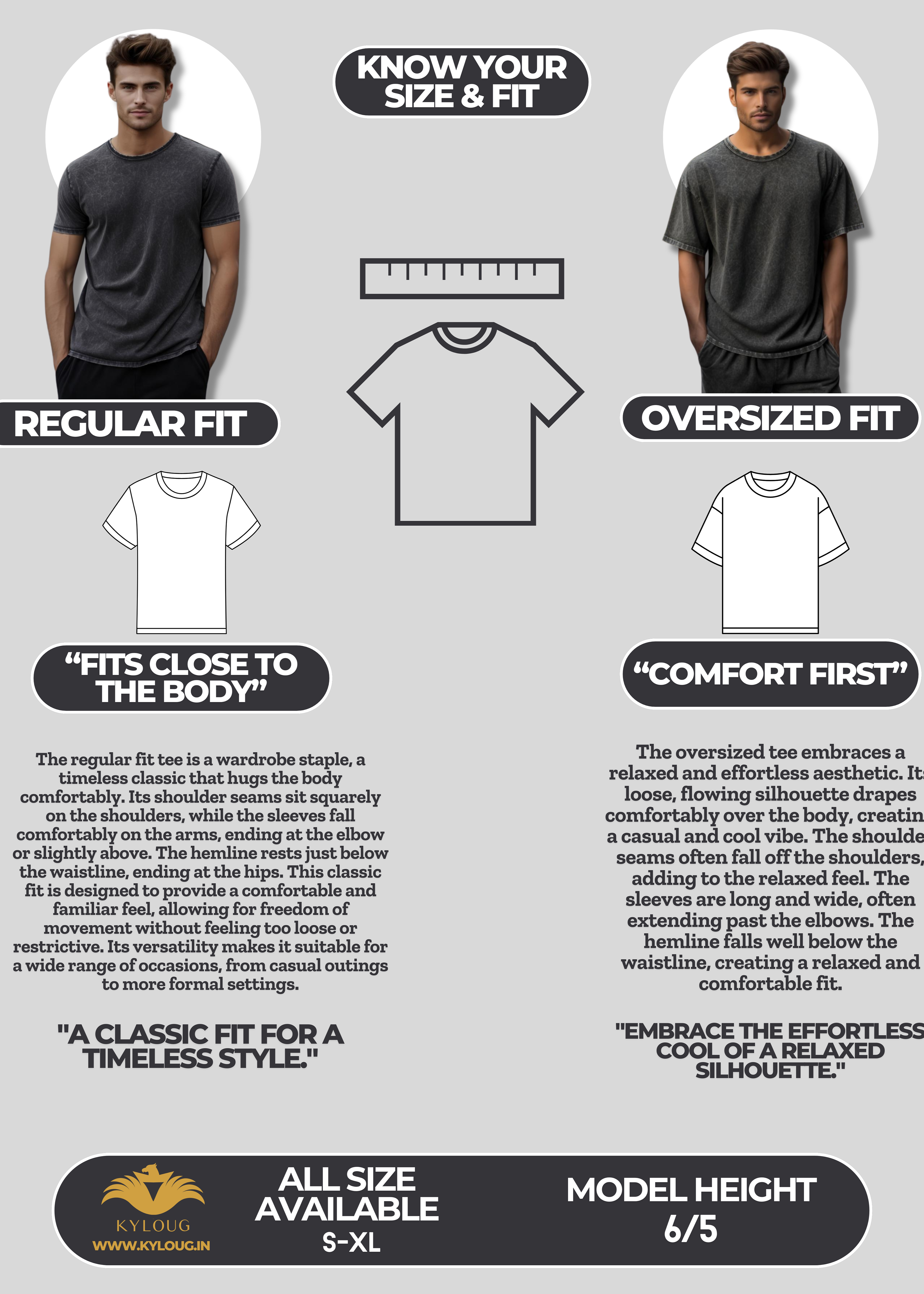 T-shirt size guide with regular and oversized fit descriptions and illustrations.