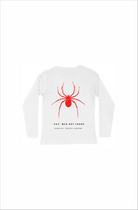 White long-sleeve shirt with a red spider graphic 