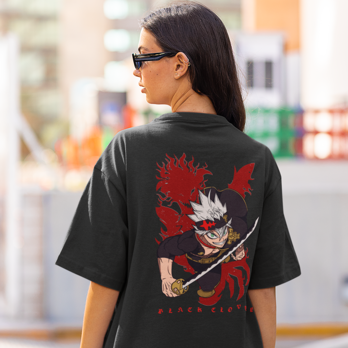 Women Asta black clover graphic back printed oversized Tee