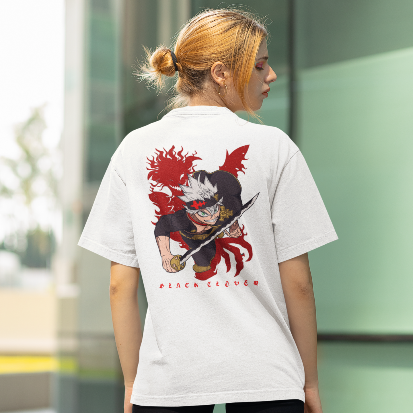 Women Asta black clover graphic back printed oversized Tee