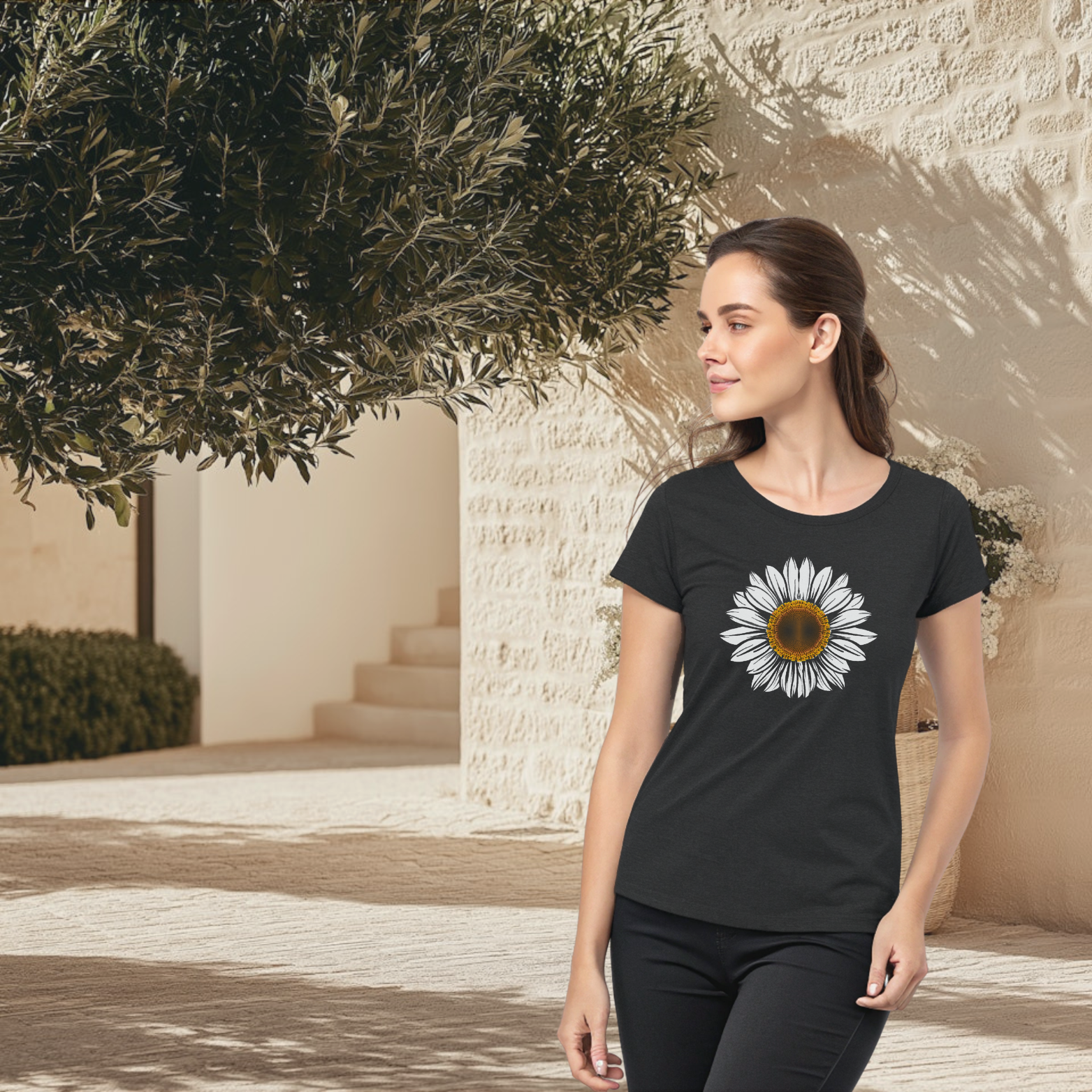 Natural white flower printed crew neck t-shirt for Women