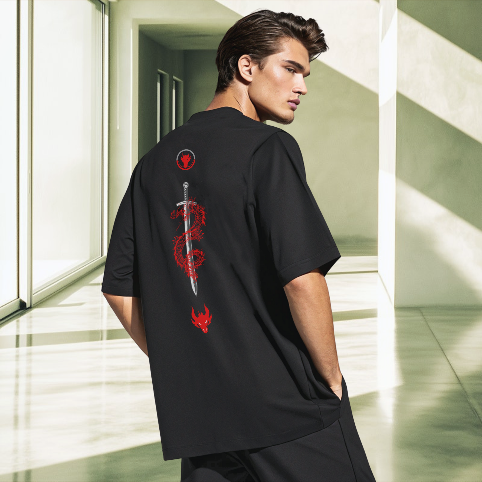 Inspirational warrior graphic on back of men’s oversized tee