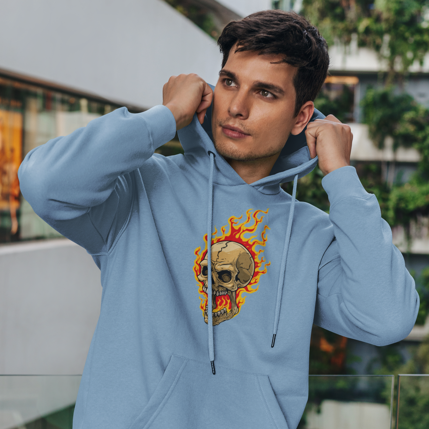 Men’s hoodie with blazing skull print on back, classic fi