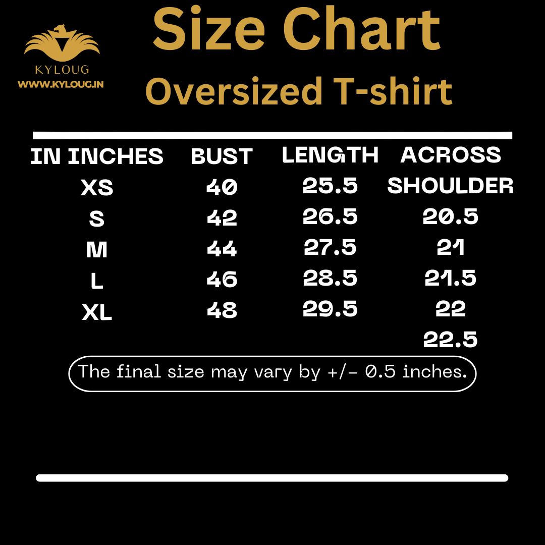 Size chart for oversized t-shirts with Kyloug branding