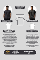 T-shirt size and fit guide with text and diagrams on a gray background