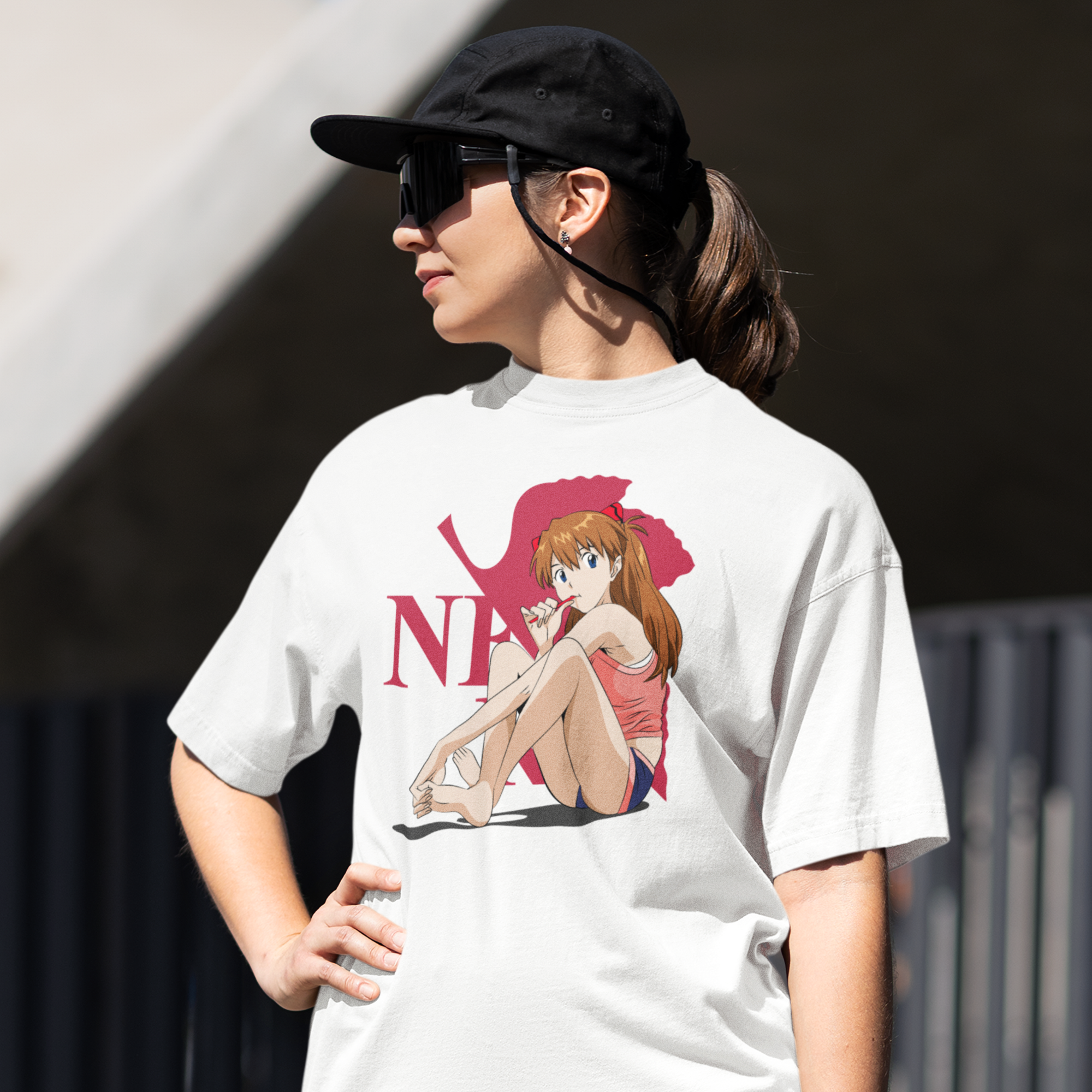 Women asuka langley anime printed oversized crew neck Tee