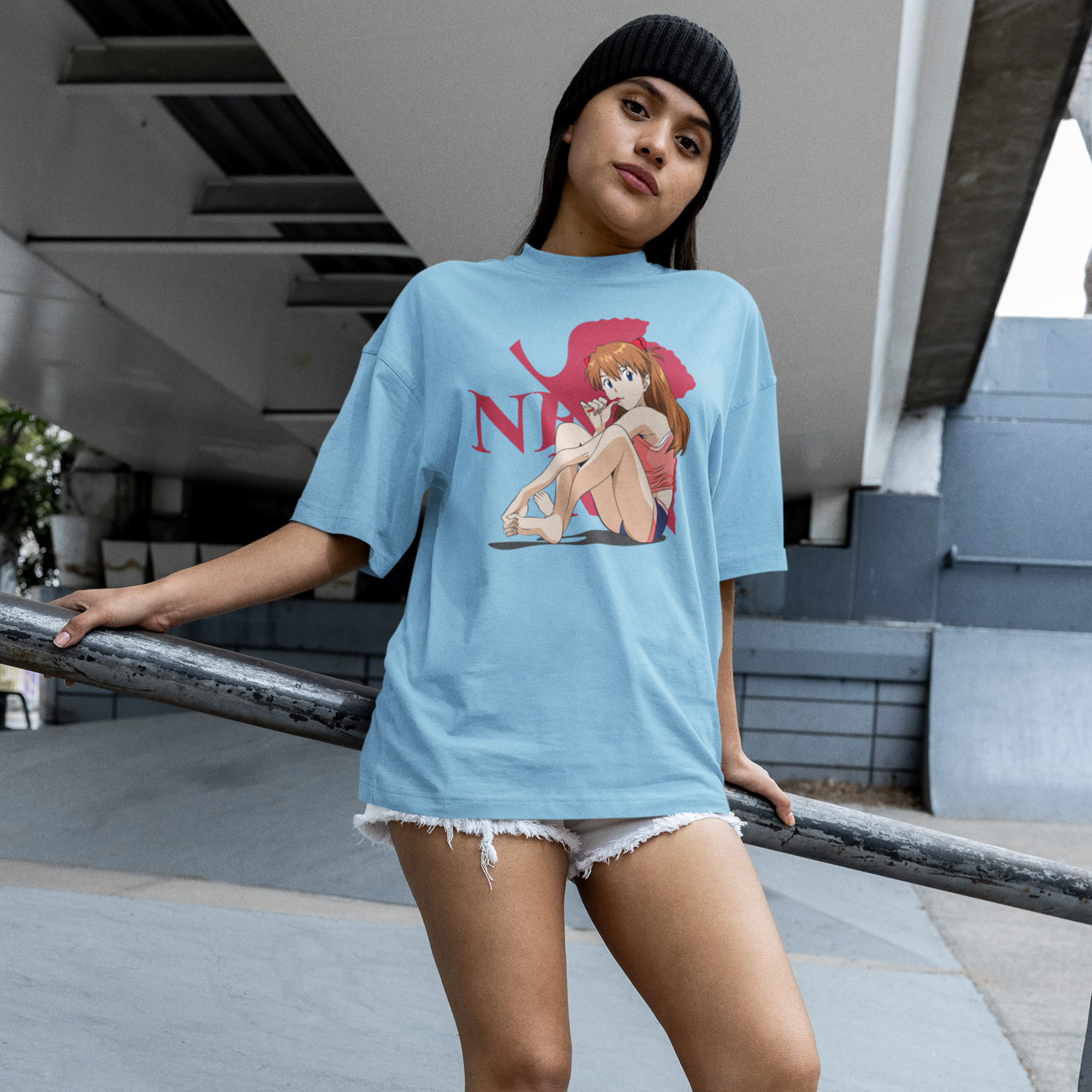 Women asuka langley anime printed oversized crew neck Tee