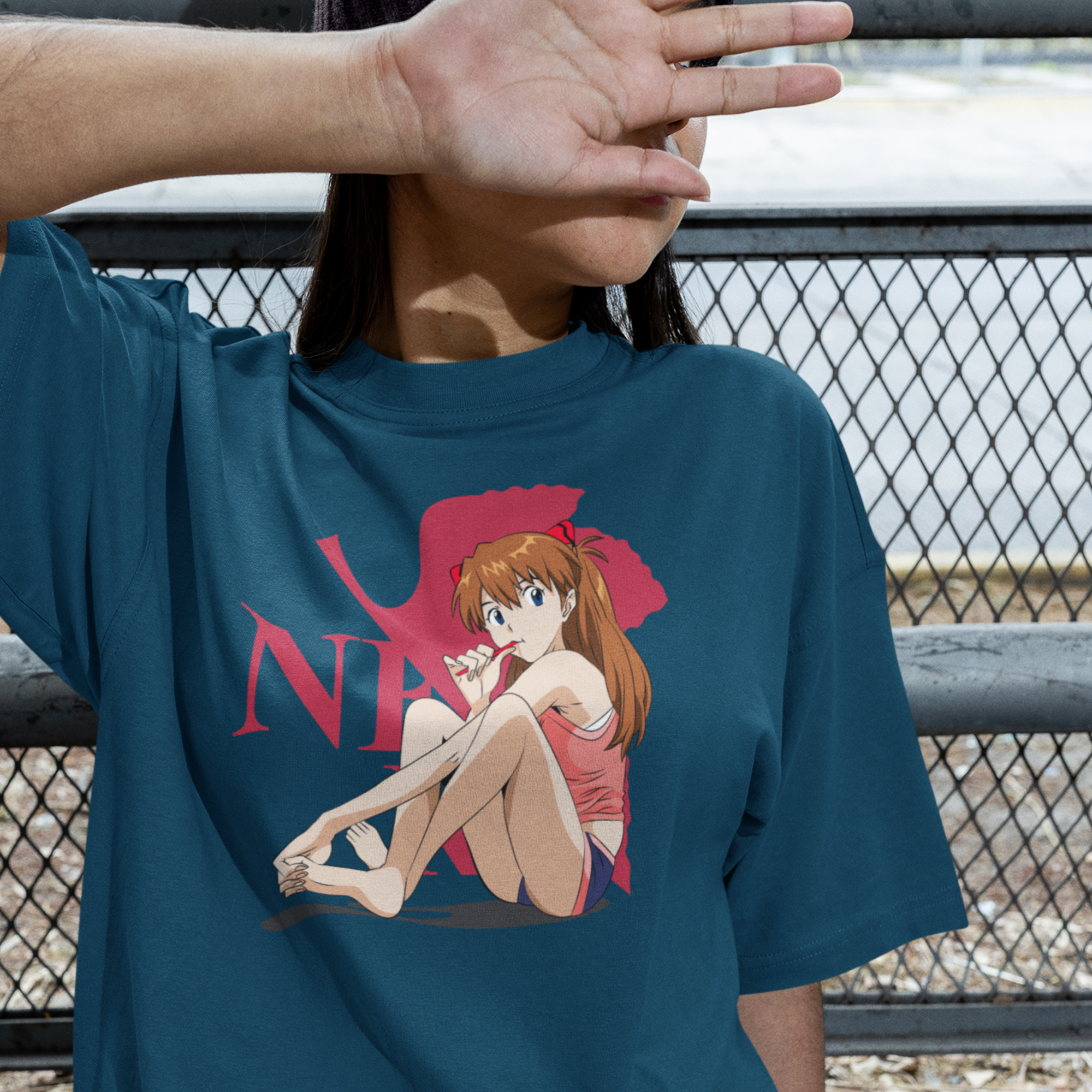 Women asuka langley anime printed oversized crew neck Tee