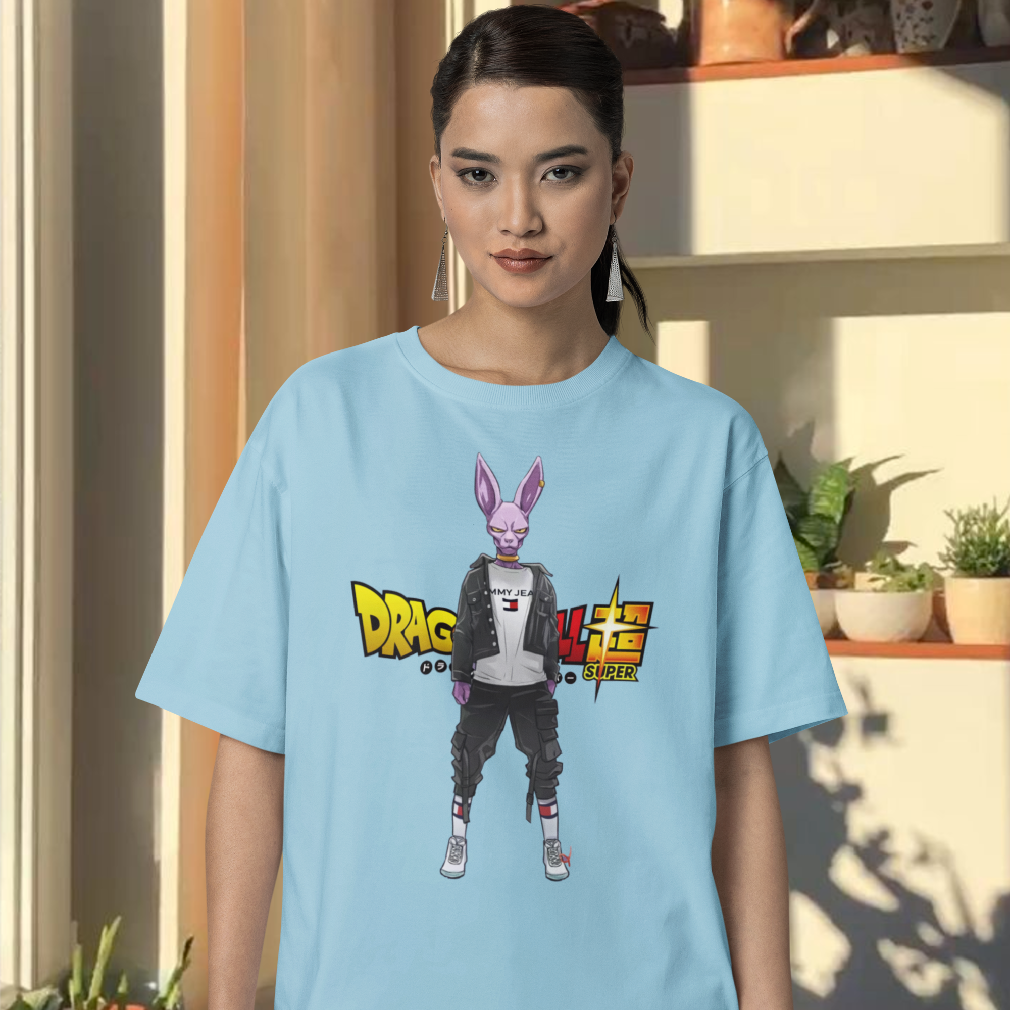 Women Beerus'' dragon ball graphic printed crew neck oversized Tee