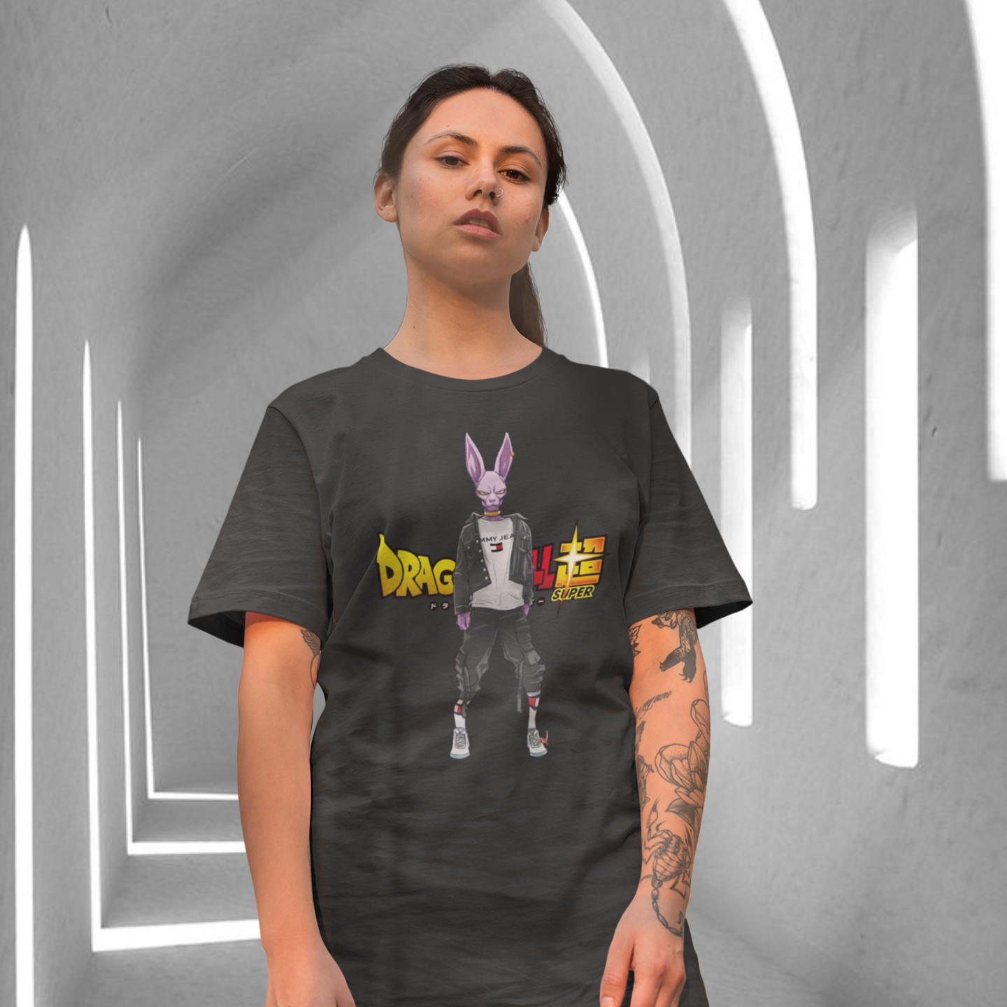 Women Beerus'' dragon ball graphic printed crew neck oversized Tee