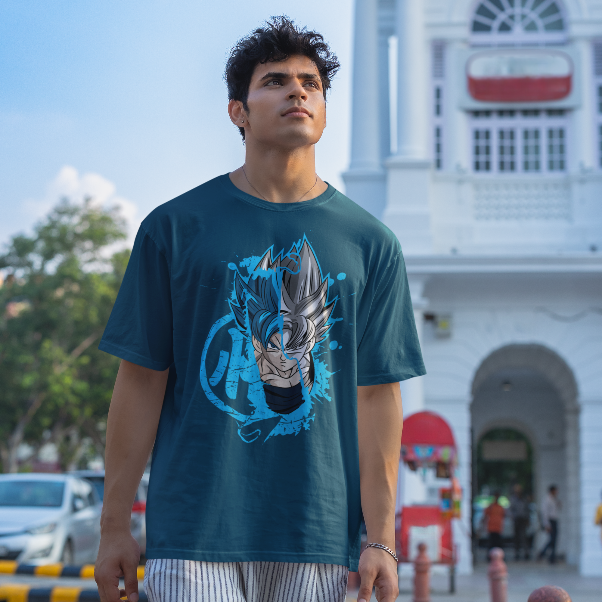 Men goku azul neon graphic printed oversized Tee