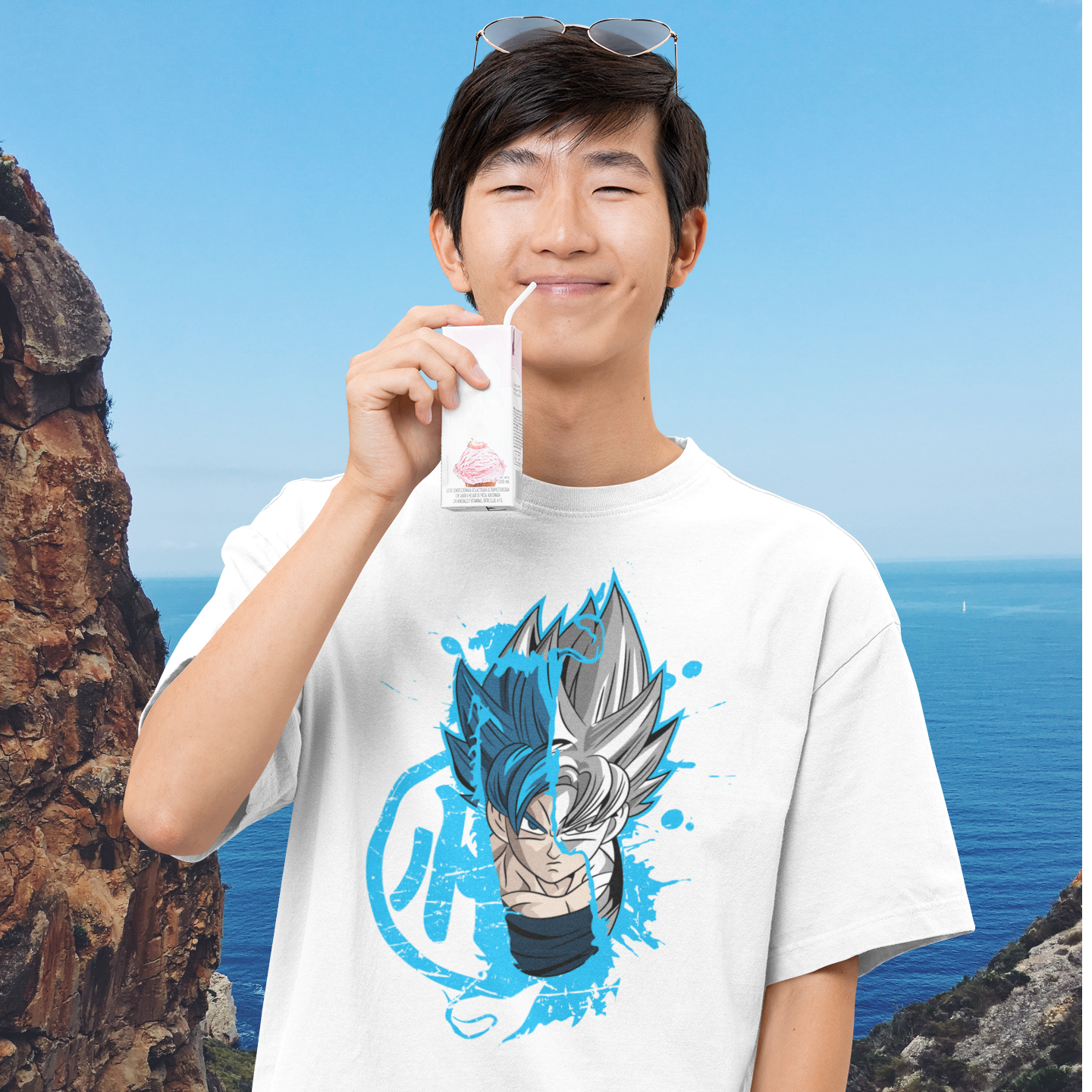 Men goku azul neon graphic printed oversized Tee