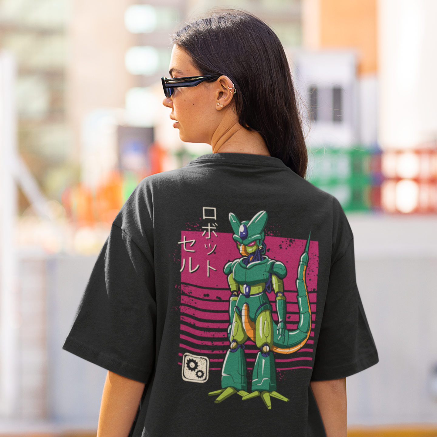 Women Mecha cell robot graphic back printed oversized Tee