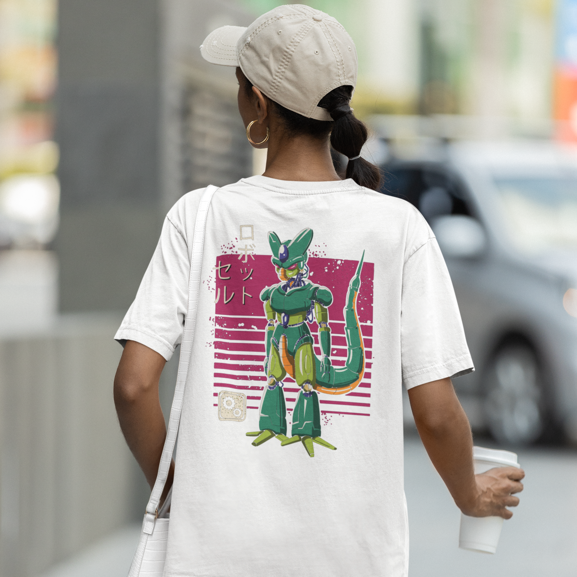 Women Mecha cell robot graphic back printed oversized Tee