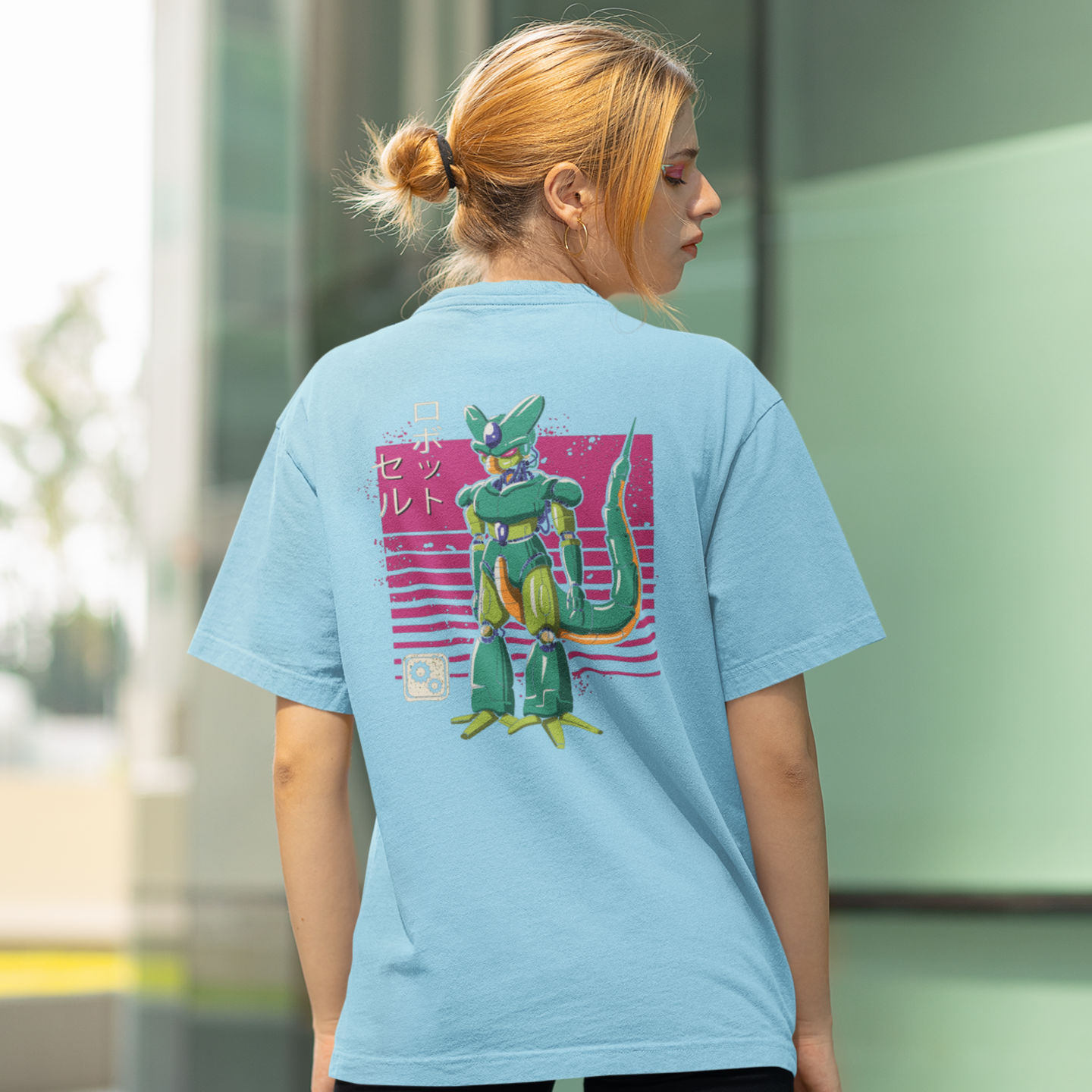 Women Mecha cell robot graphic back printed oversized Tee