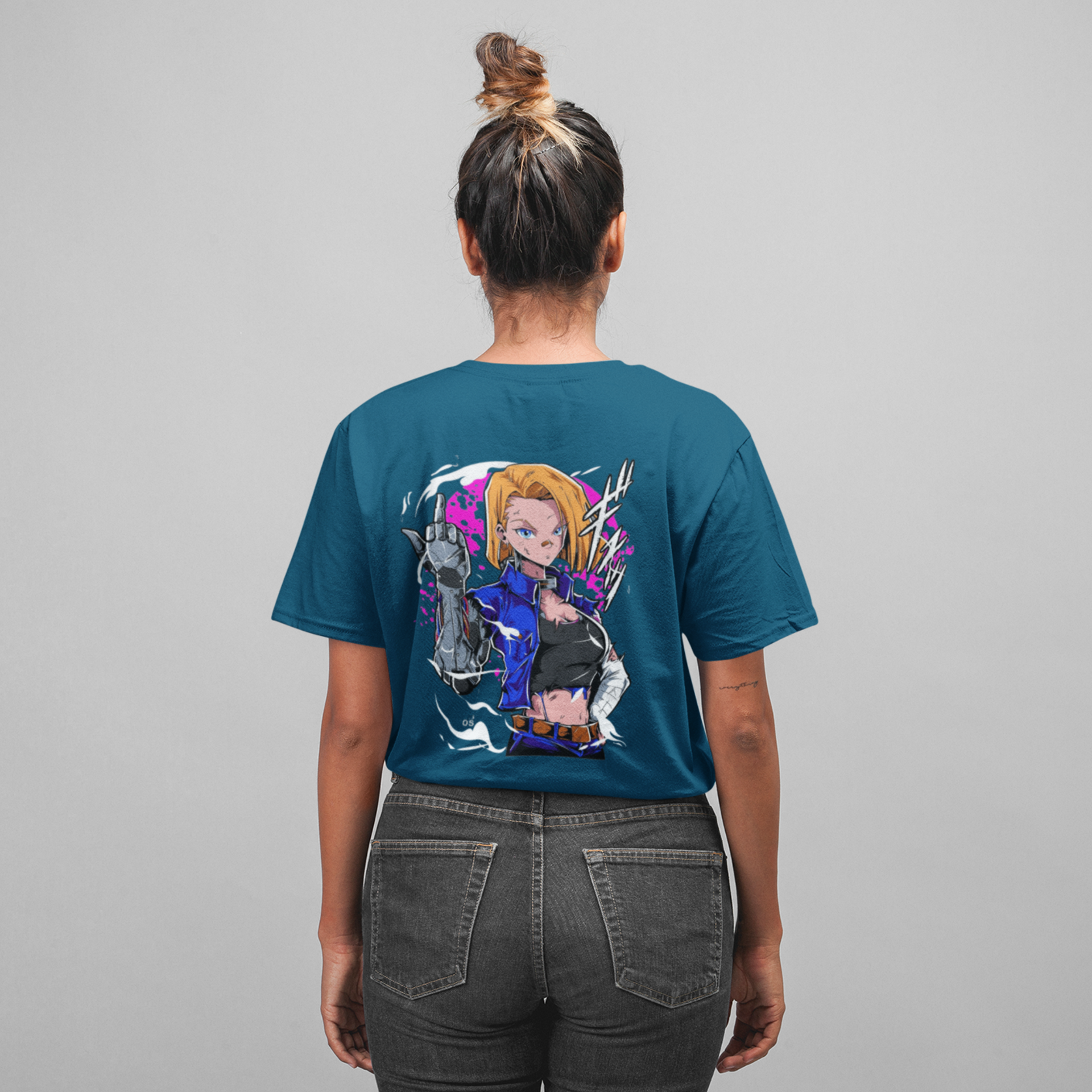 Women dragon ball android 18 anime back print oversized Tee