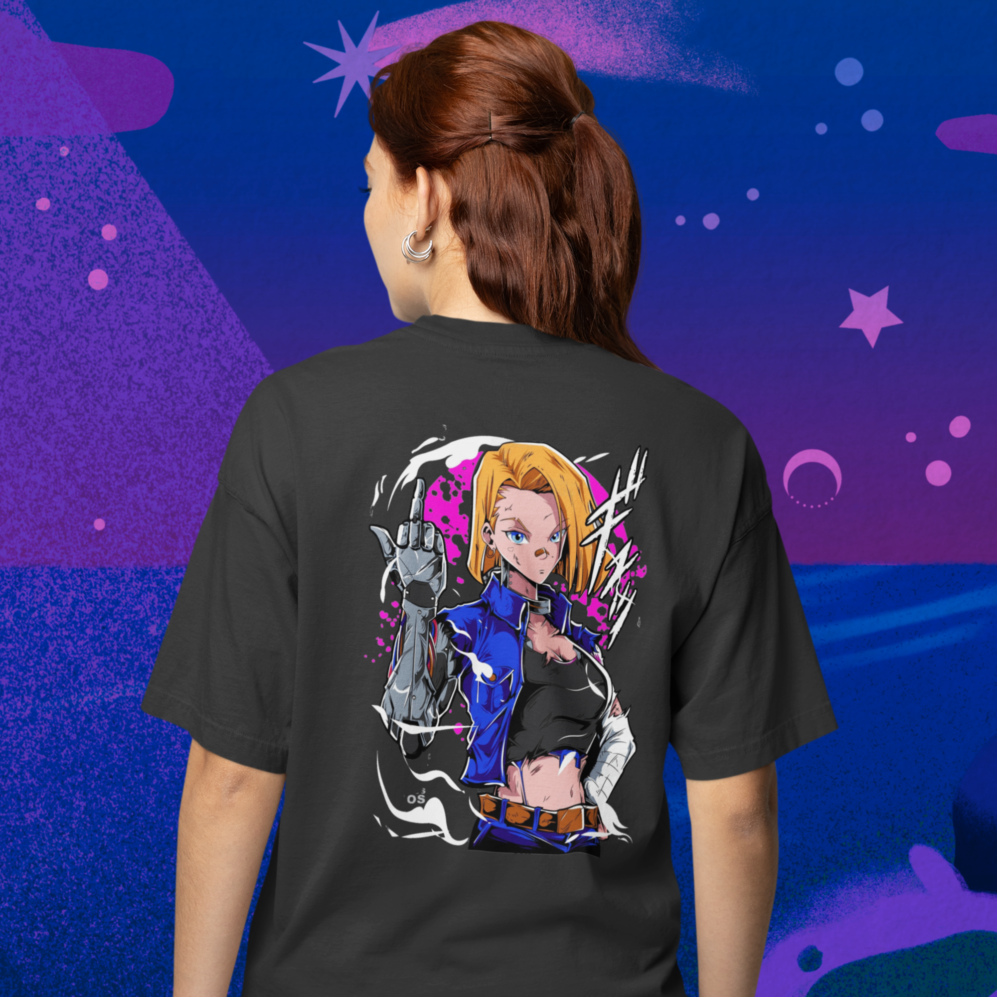 Women dragon ball android 18 anime back print oversized Tee