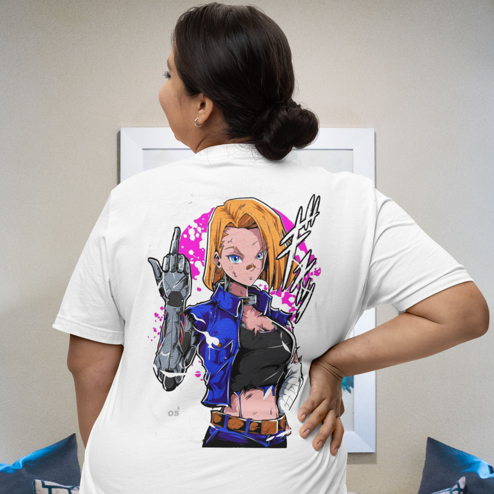 Women dragon ball android 18 anime back print oversized Tee