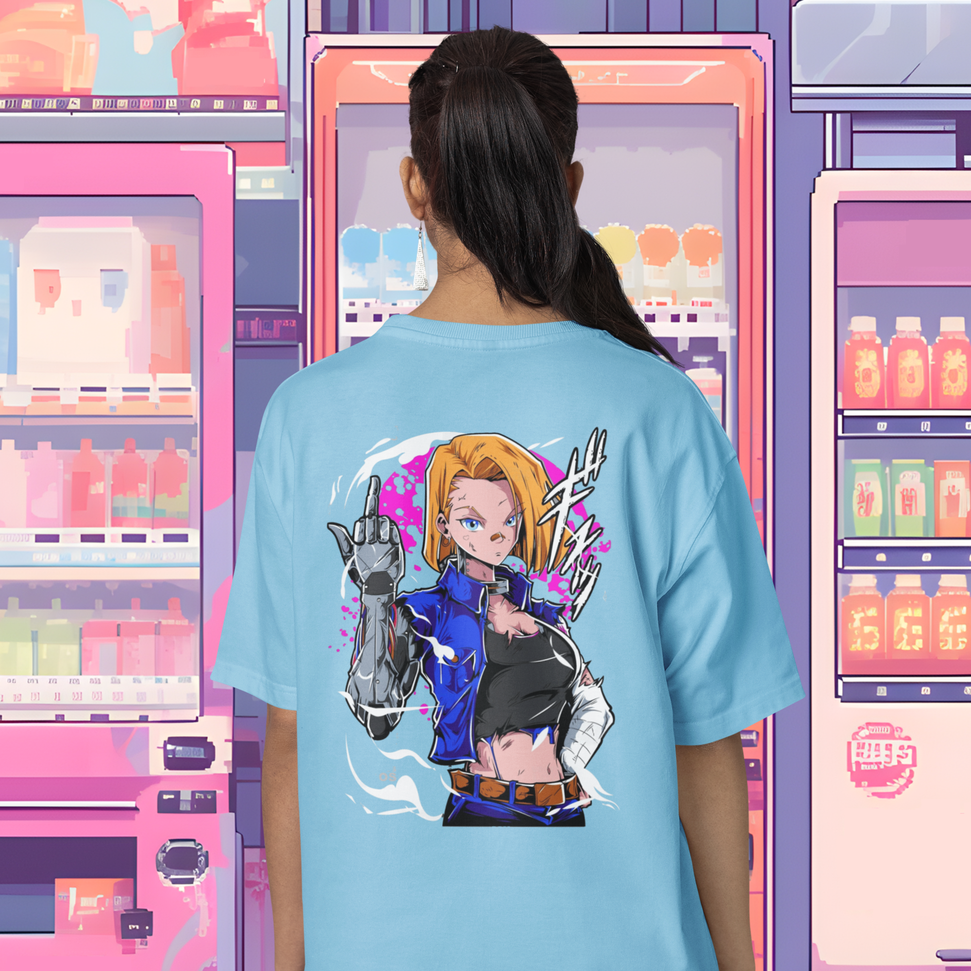 Women dragon ball android 18 anime back print oversized Tee