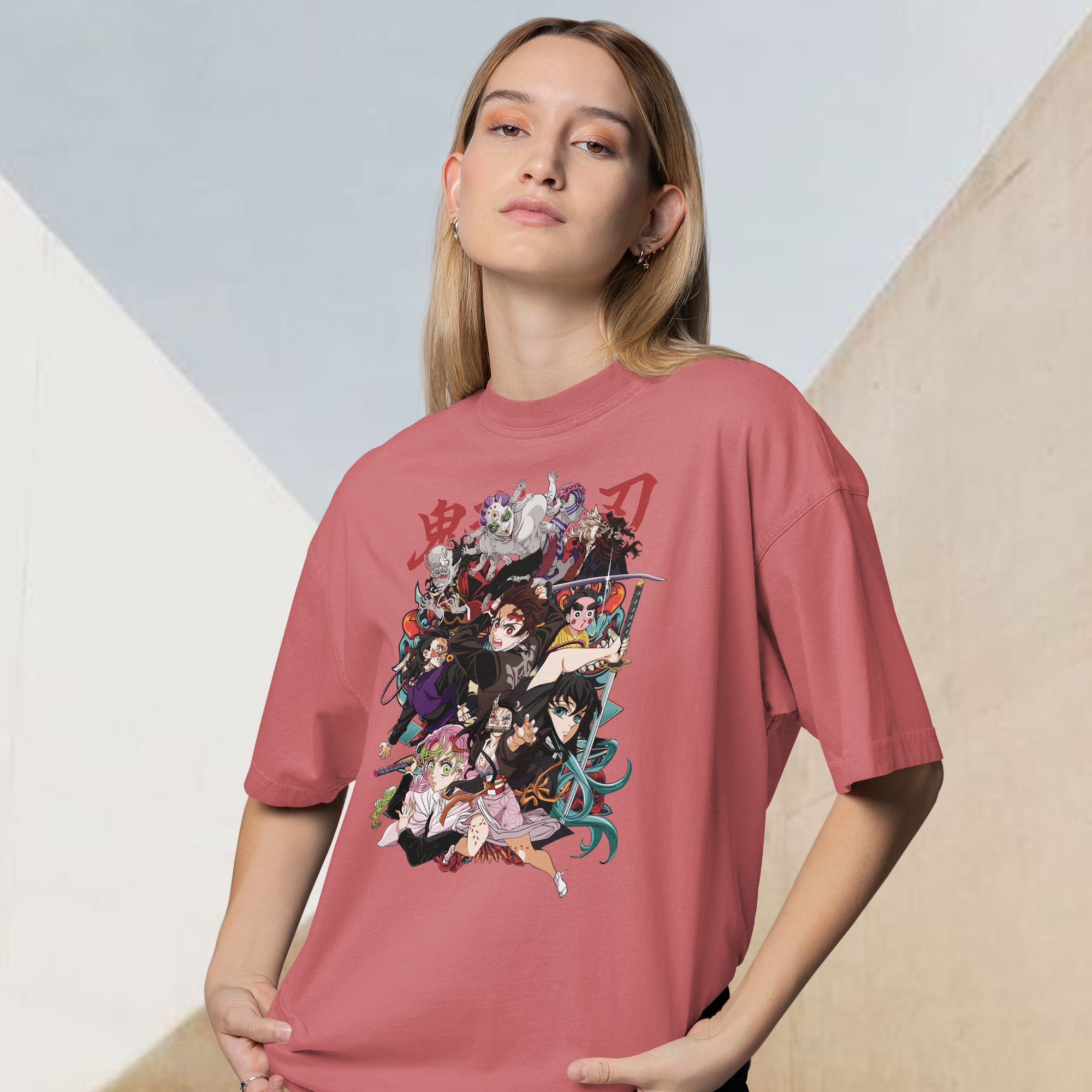 Women demon slayer family graphic printed oversized Tee