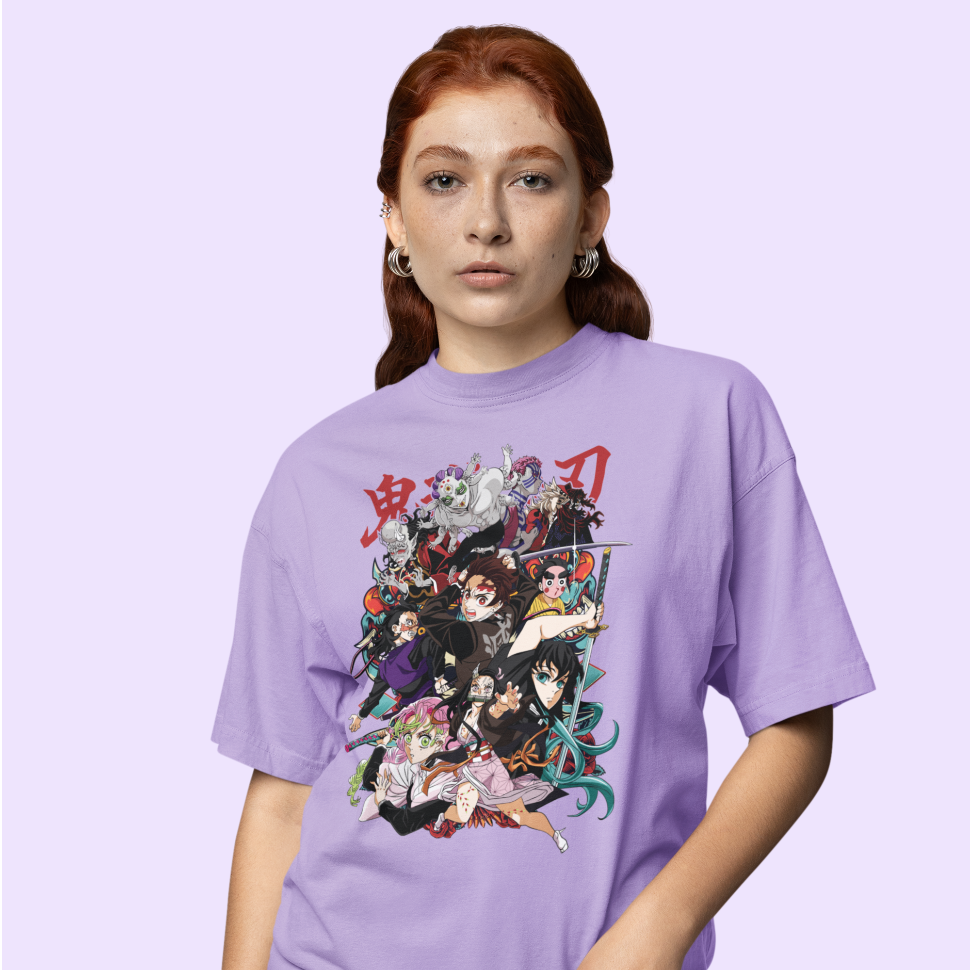 Women demon slayer family graphic printed oversized Tee