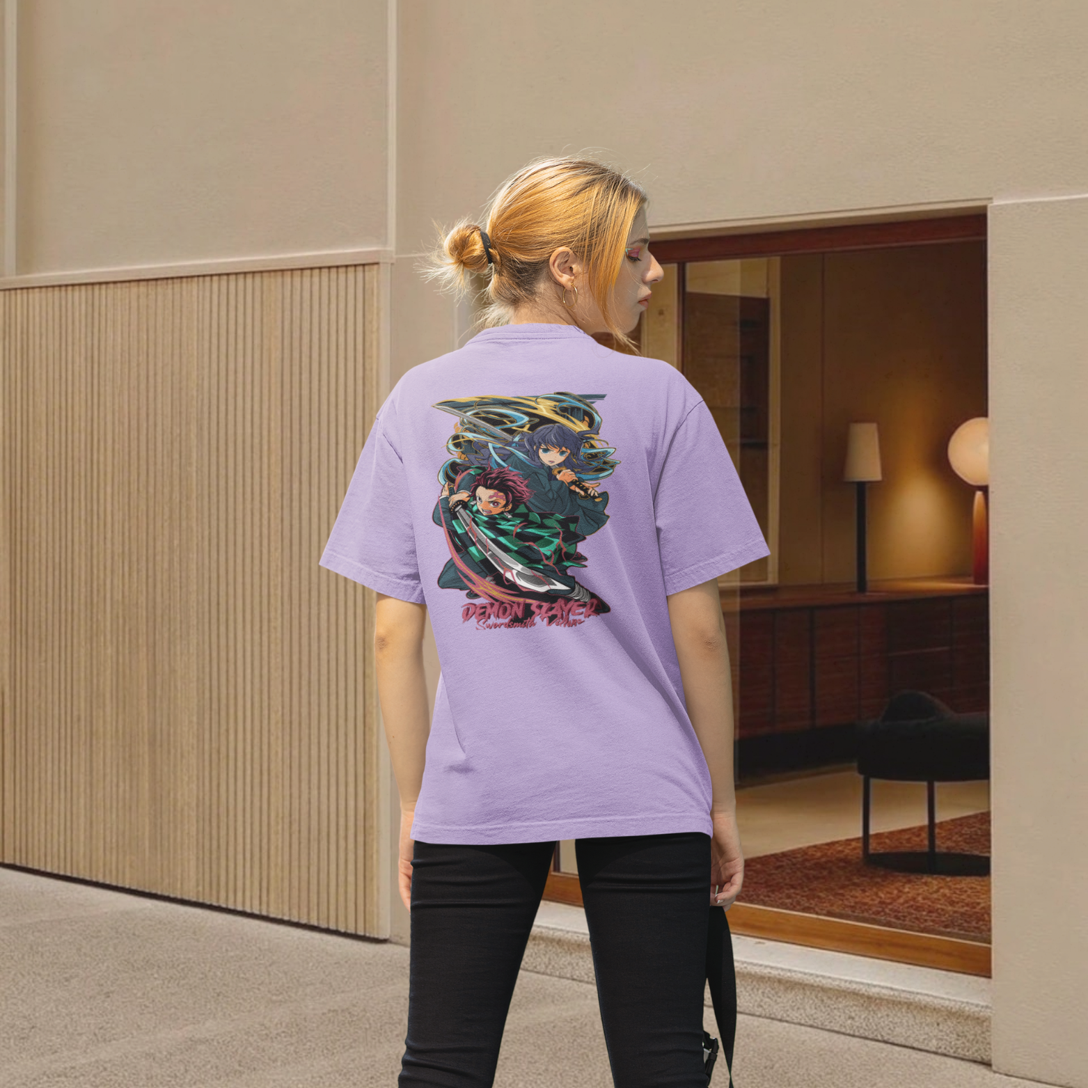 Women Tomioka and tanjiro graphic back printed oversized Tee