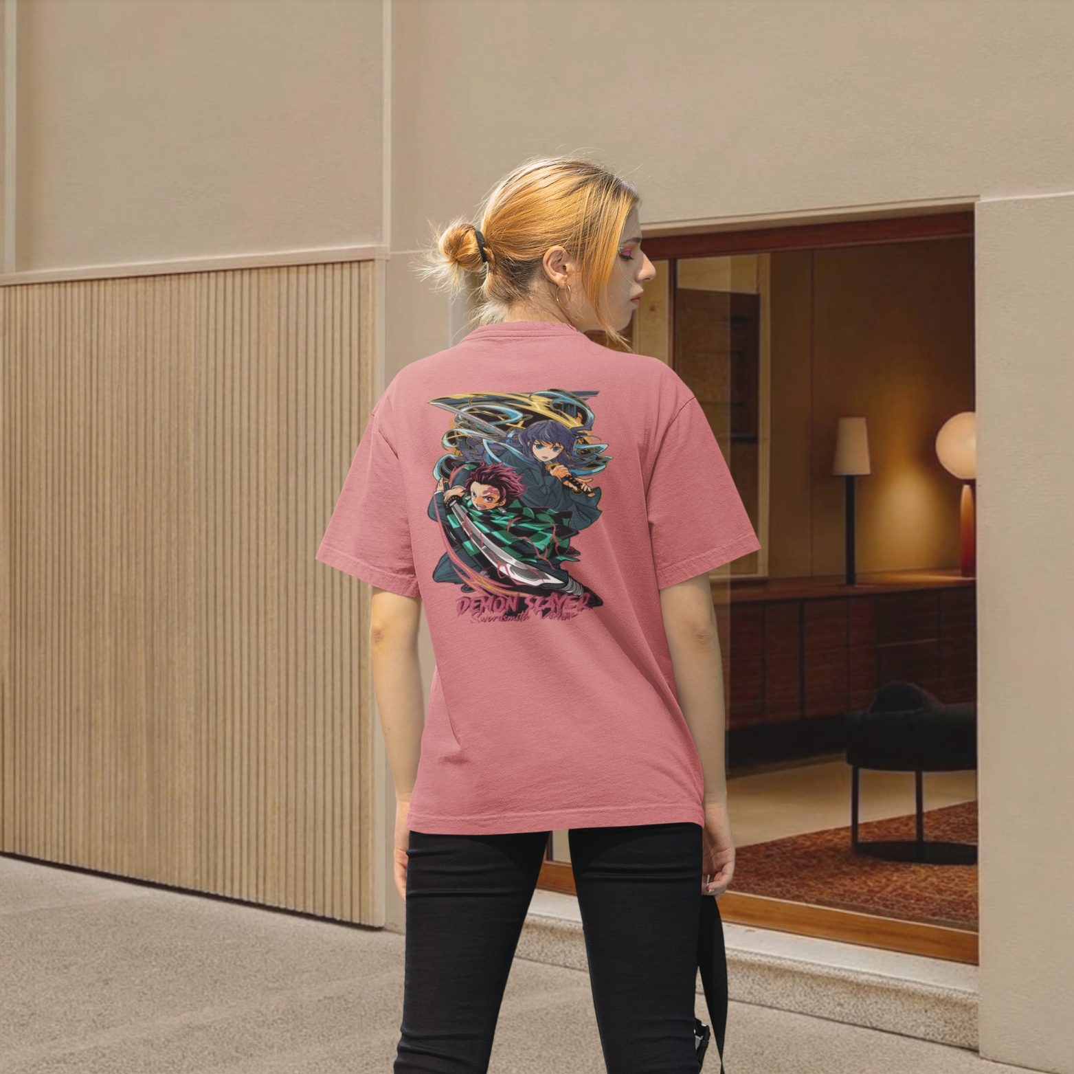 Women Tomioka and tanjiro graphic back printed oversized Tee