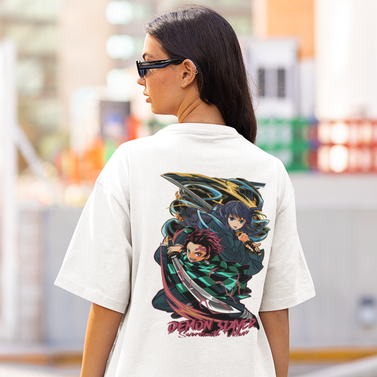 Women Tomioka and tanjiro graphic back printed oversized Tee