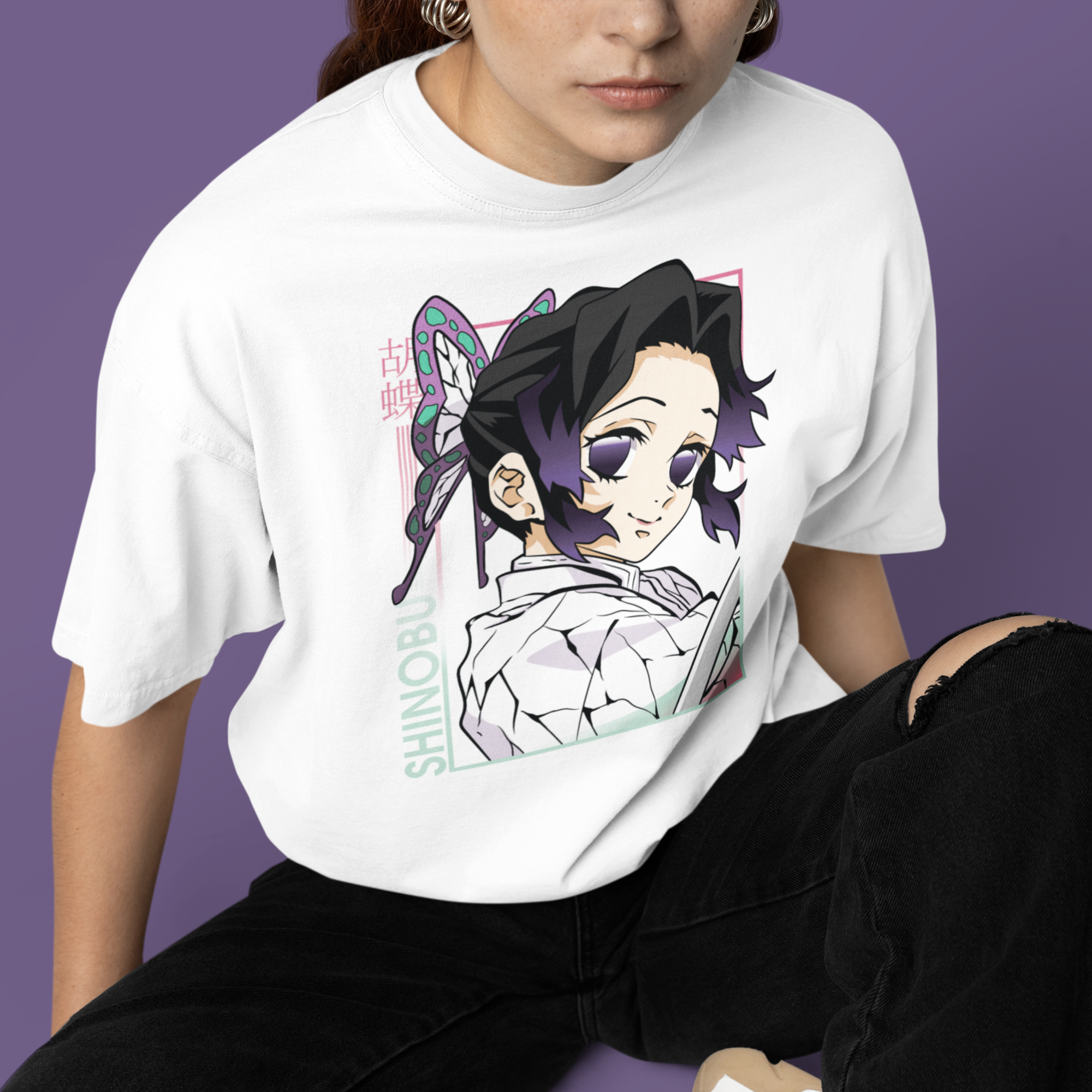 Women Shinobu demon slayer graphic printed oversized Tee