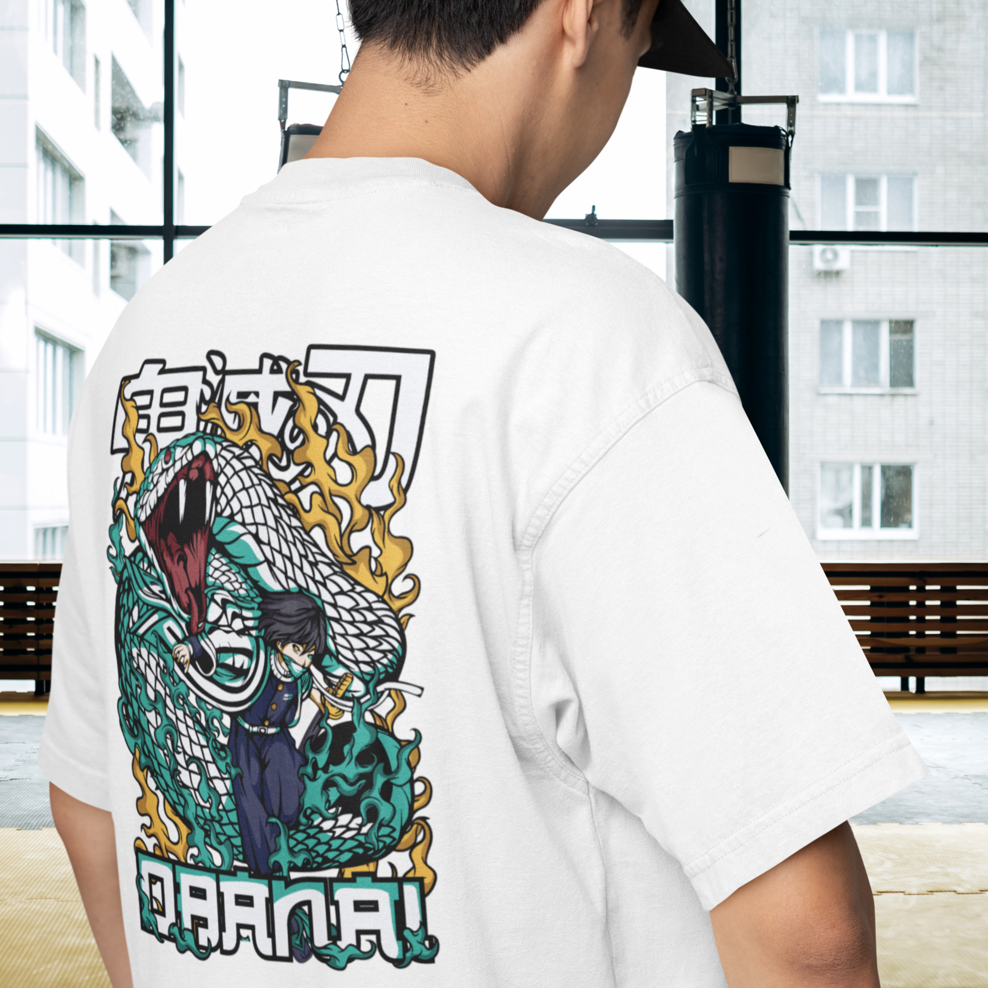 Men Obanai lguro graphic back printed oversized Tee