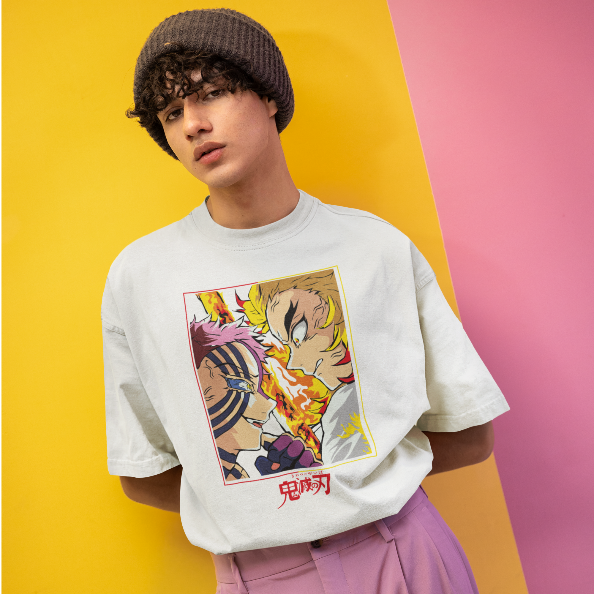 Men kyojuro & akaza graphic printed oversized Tee