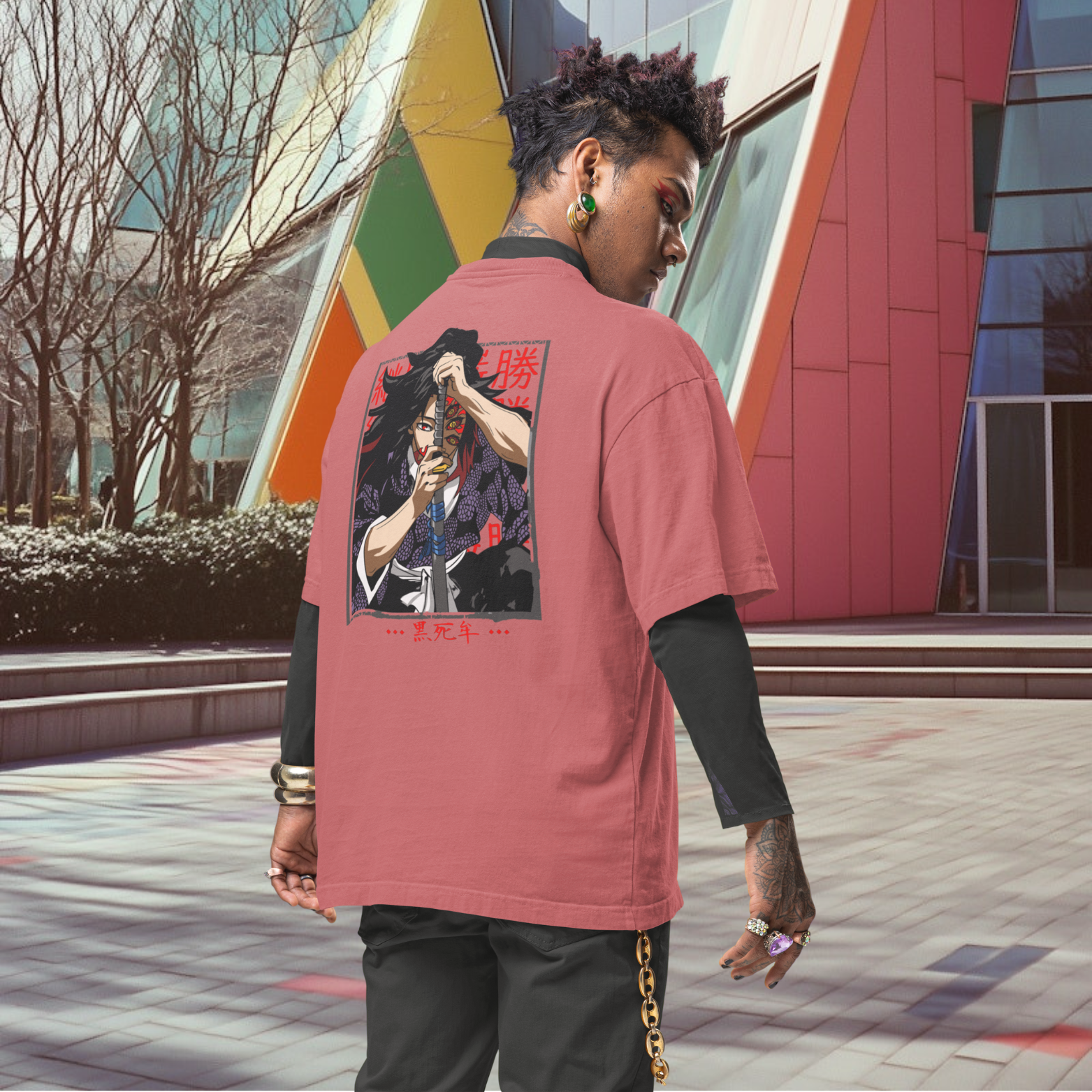 Men Kokushibo demon slayer graphic back printed oversized Tee