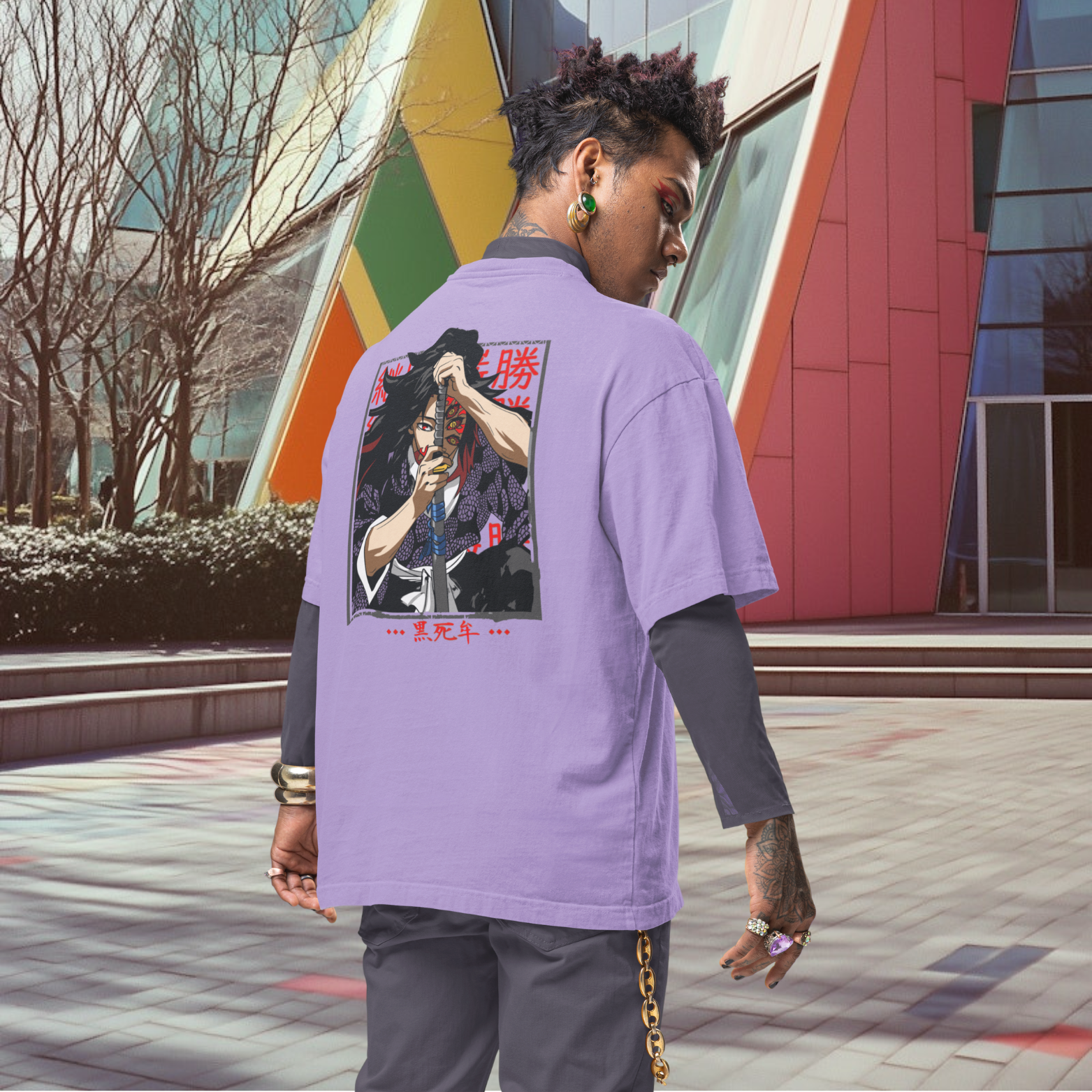 Men Kokushibo demon slayer graphic back printed oversized Tee
