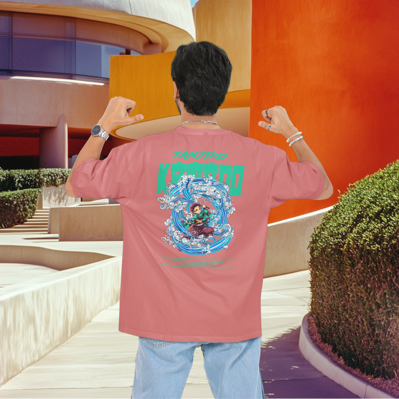 Men Tanjiro Kamado graphic back printed oversized Tee