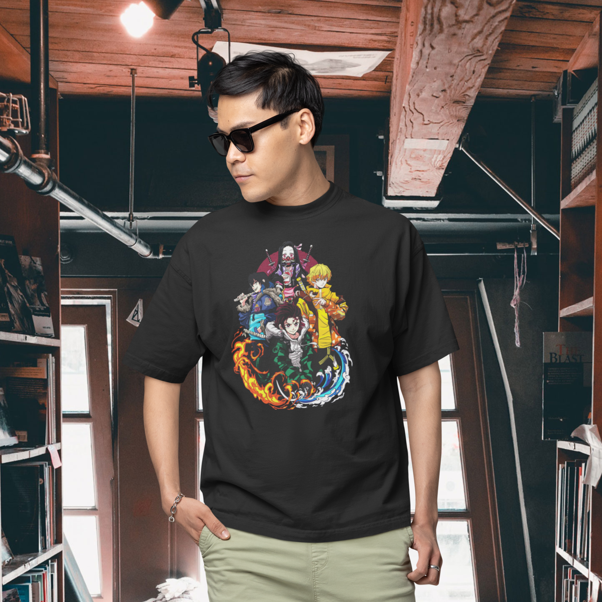 Men kimetsu no yaiba demon slayer graphic printed oversized Tee