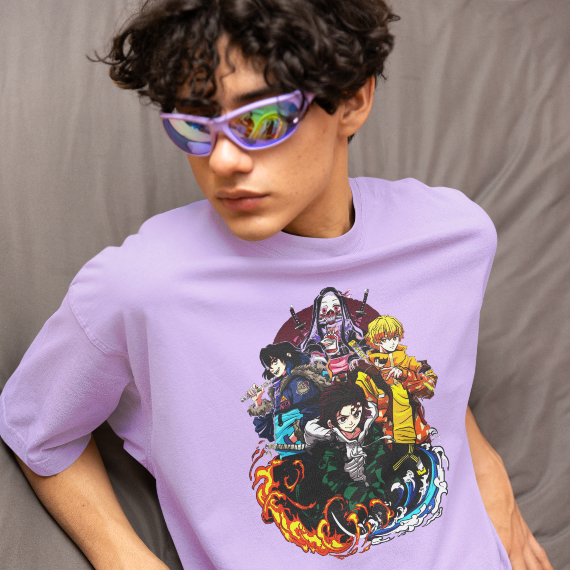 Men kimetsu no yaiba demon slayer graphic printed oversized Tee