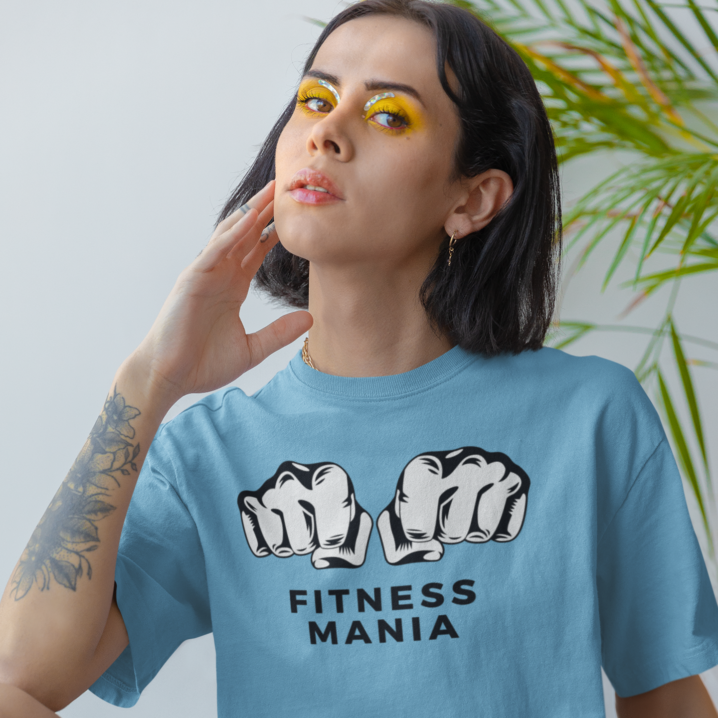 women gym wear printed round neck oversized t-shirt baby blue