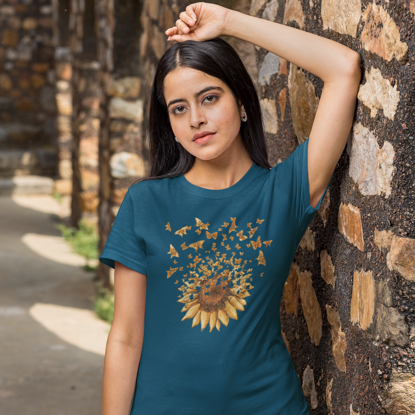 Golden flies' butterflied  printed crew neck t- shirts for Women