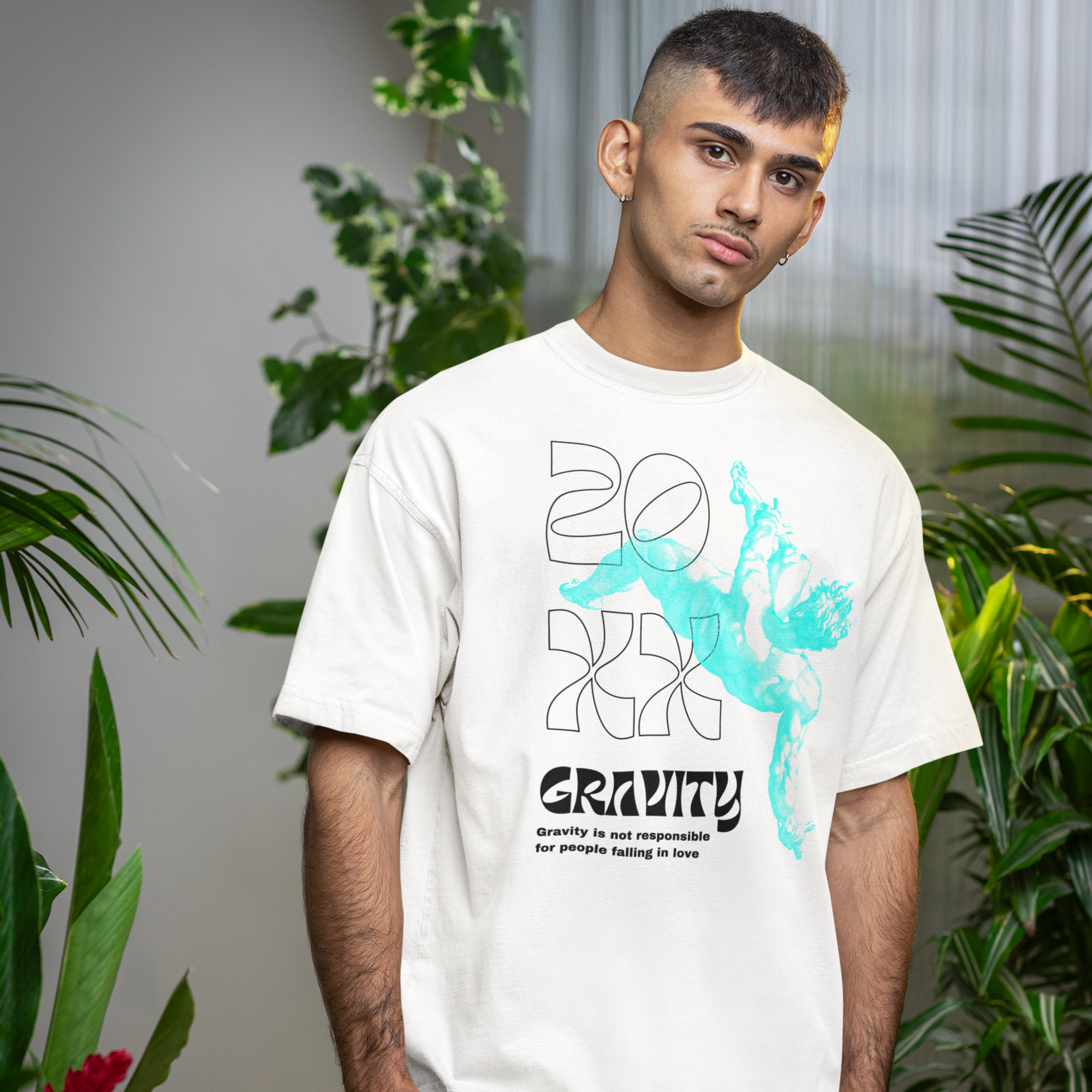 Men  graphic text printed oversized white T-shirt